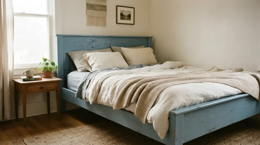 Bed frame painted a calming blue as a colour psychology accent