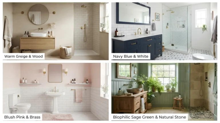 Navy blue bathroom wall with brass fixtures and white sanitaryware