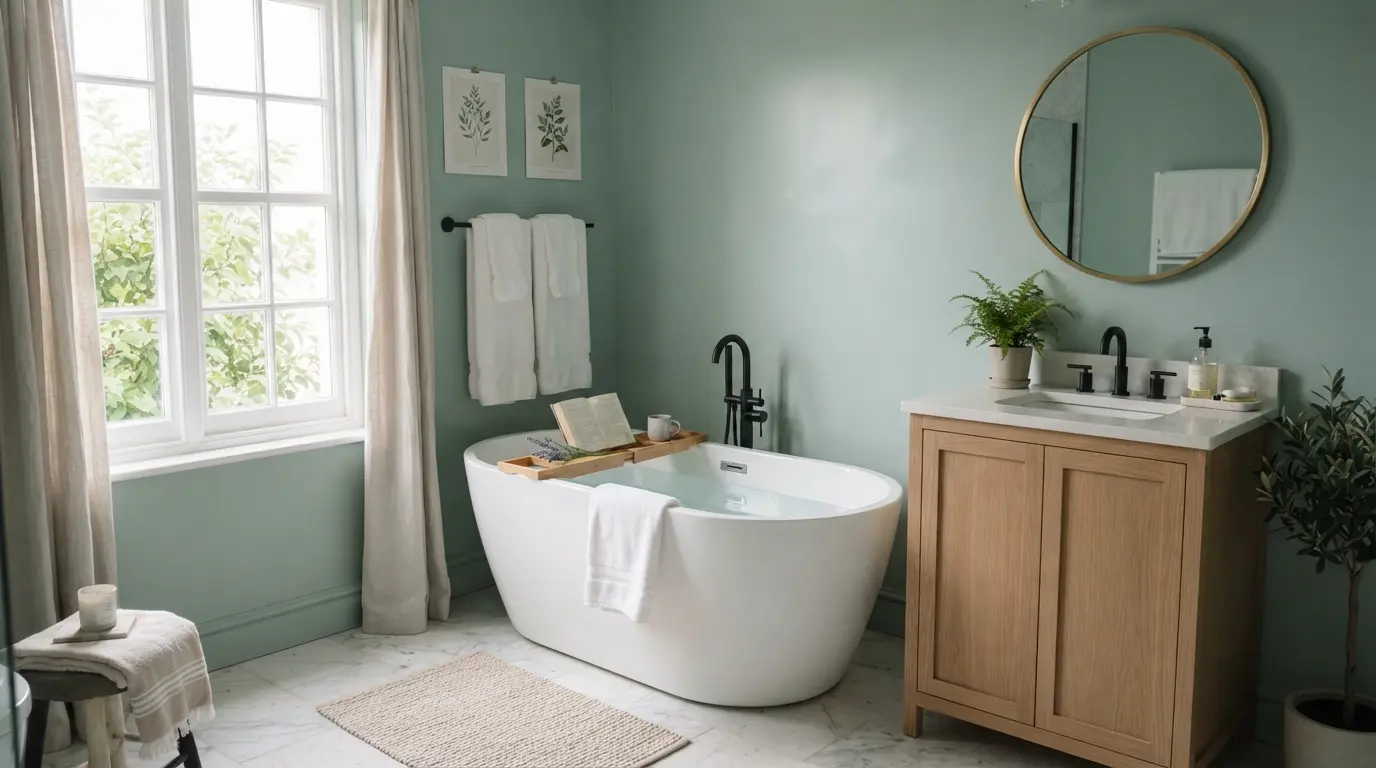 1. Sage green painted bathroom wall with white sanitaryware and brushed brass fittings in soft natural light