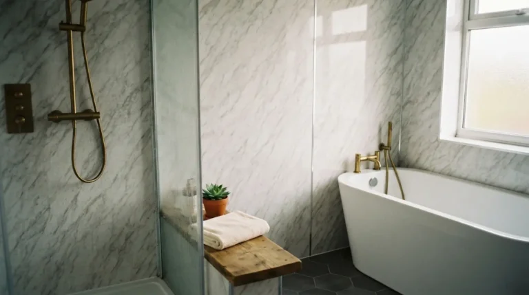 Marble-effect laminate bathroom wall panelling around a shower and bath