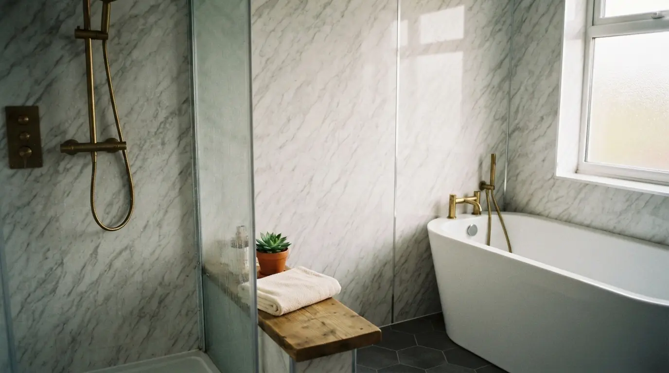 Marble-effect laminate bathroom wall panelling around a shower and bath