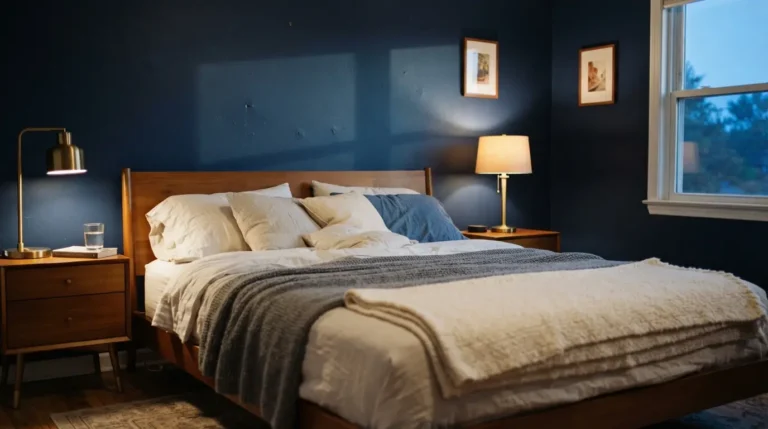 Deep navy bedroom wall with warm wood furniture and brass accents