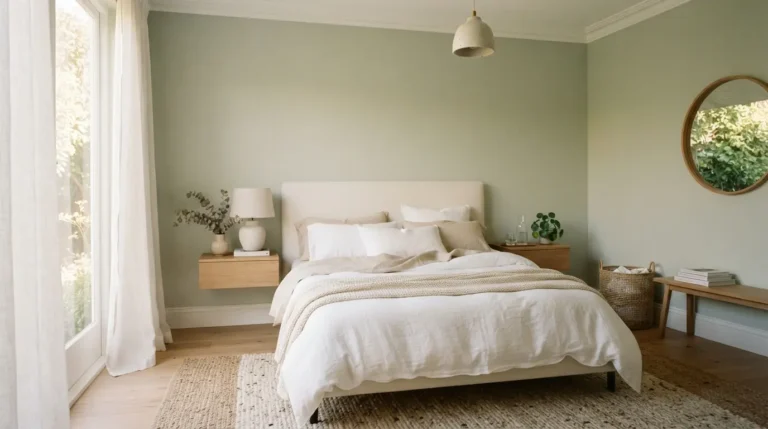 1. Sample paint swatches held against a wooden bed frame and flooring to check colour undertone