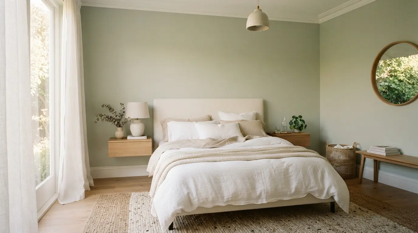 1. Sample paint swatches held against a wooden bed frame and flooring to check colour undertone
