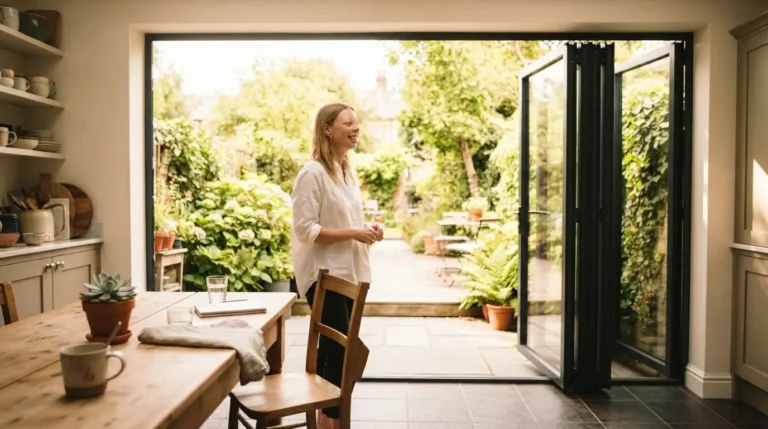 Aluminium bi-fold doors fully open connecting a kitchen to a garden patio