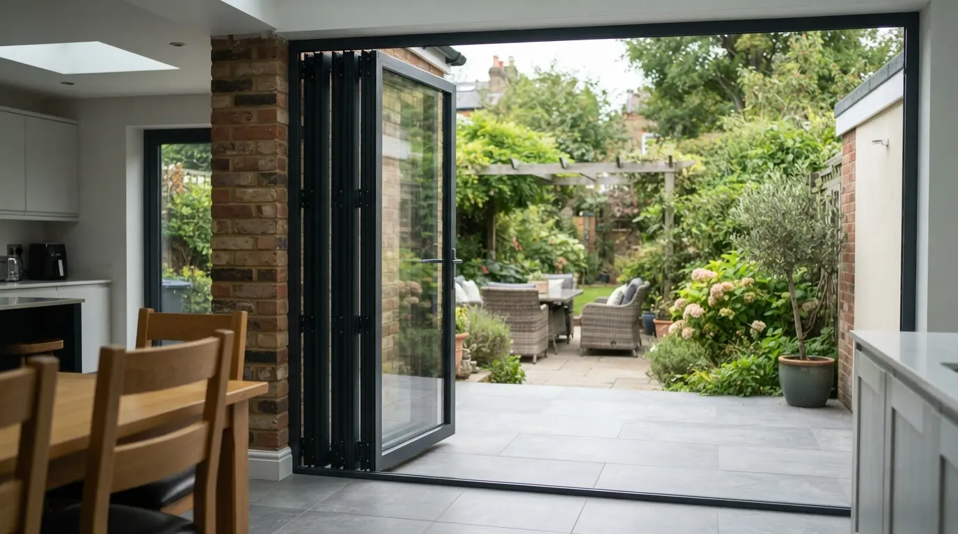 Bi-fold doors fully open connecting a kitchen extension to a garden patio