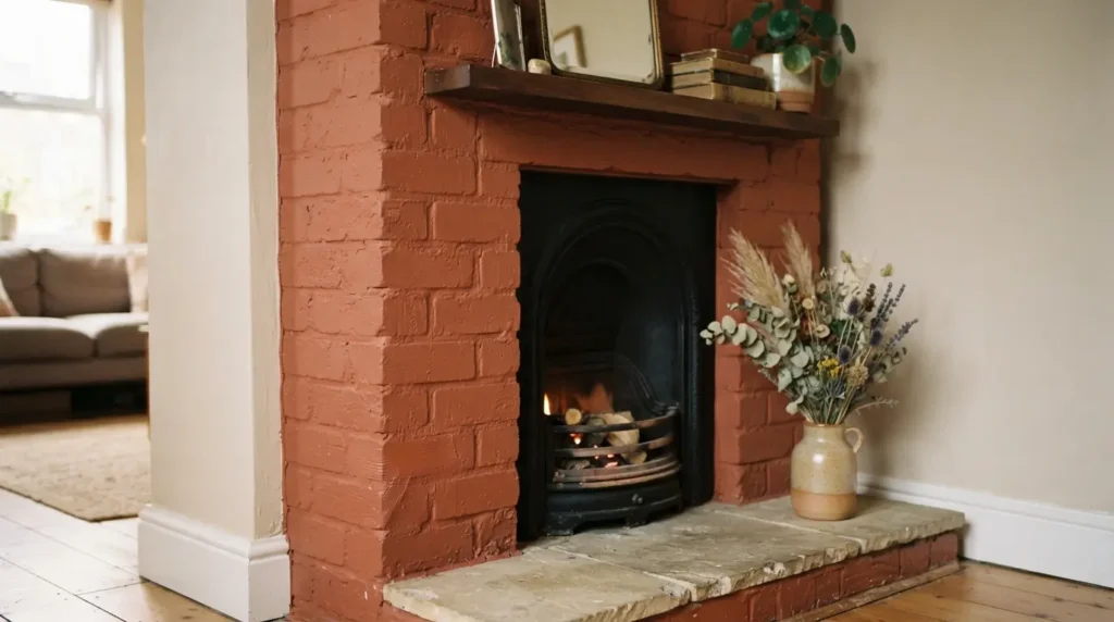 Painted brick fireplace surround as a bold living room feature wall
