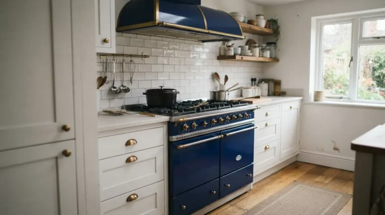 Bold blue range cooker as the focal point in a white kitchen with a statement