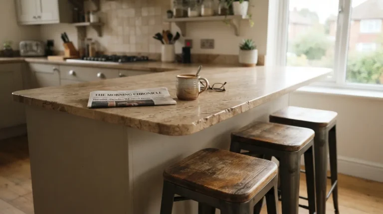 Kitchen island extended into a breakfast bar with stools tucked underneath