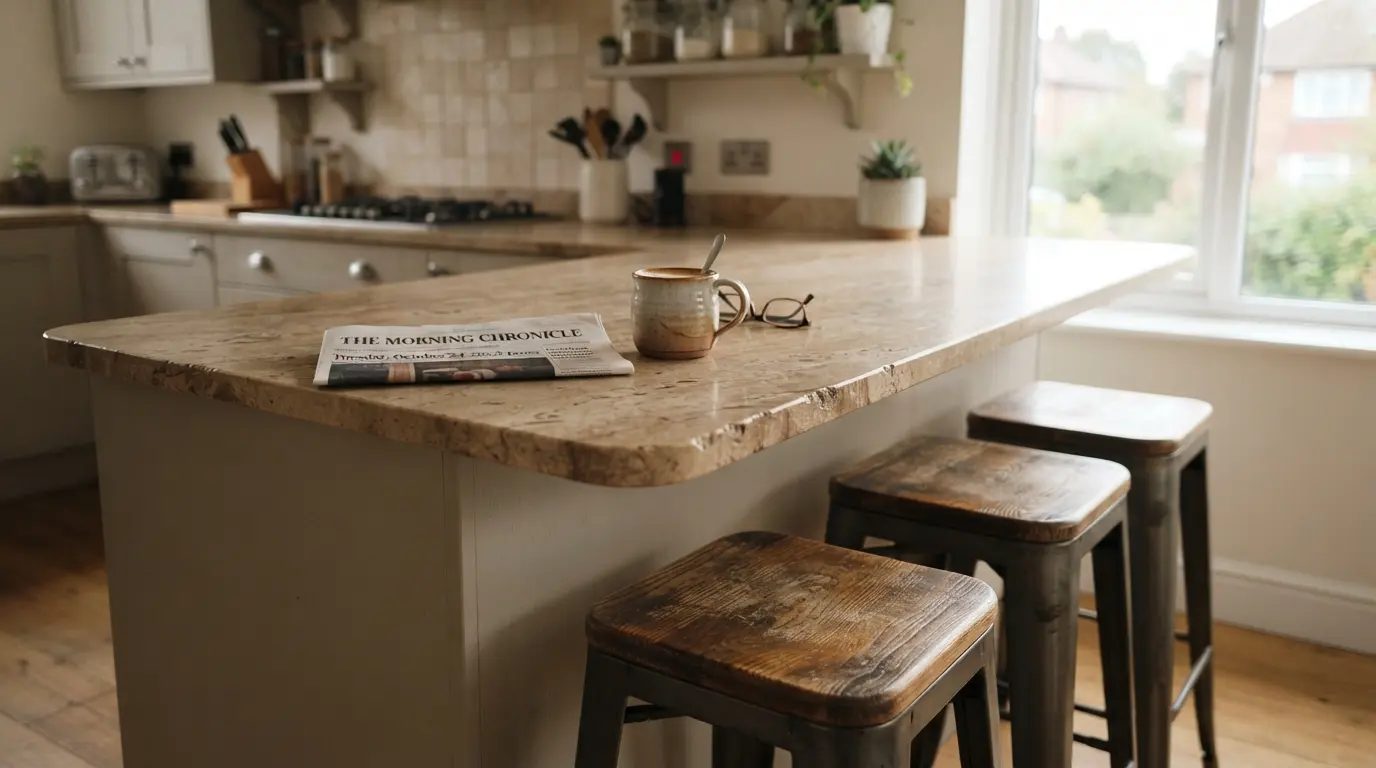 Kitchen island extended into a breakfast bar with stools tucked underneath