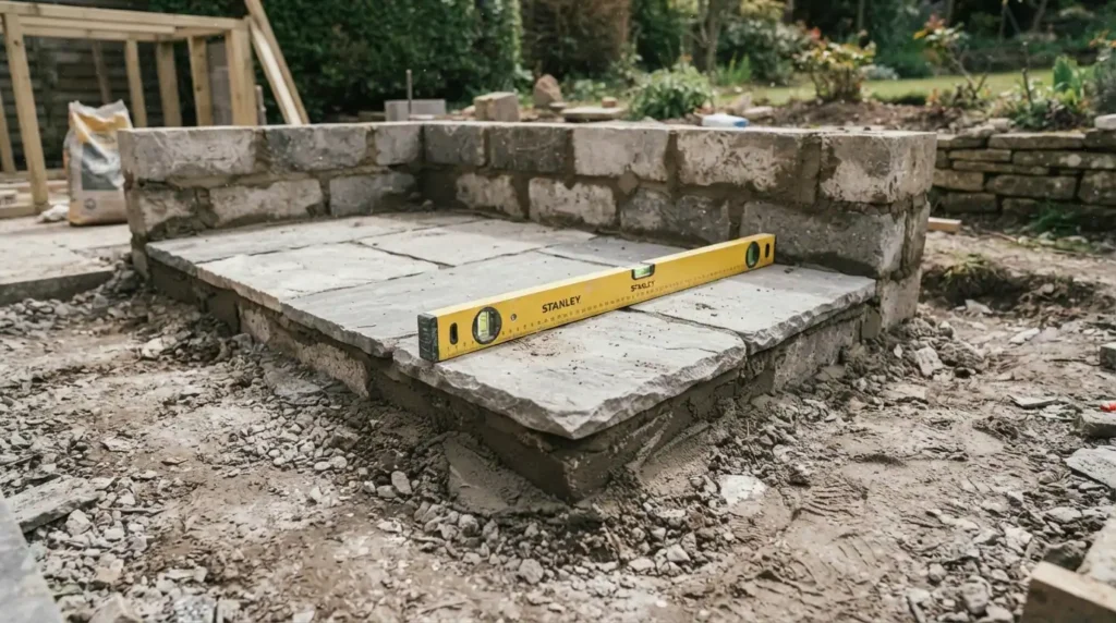 L-shaped outdoor kitchen layout with level paving base under construction