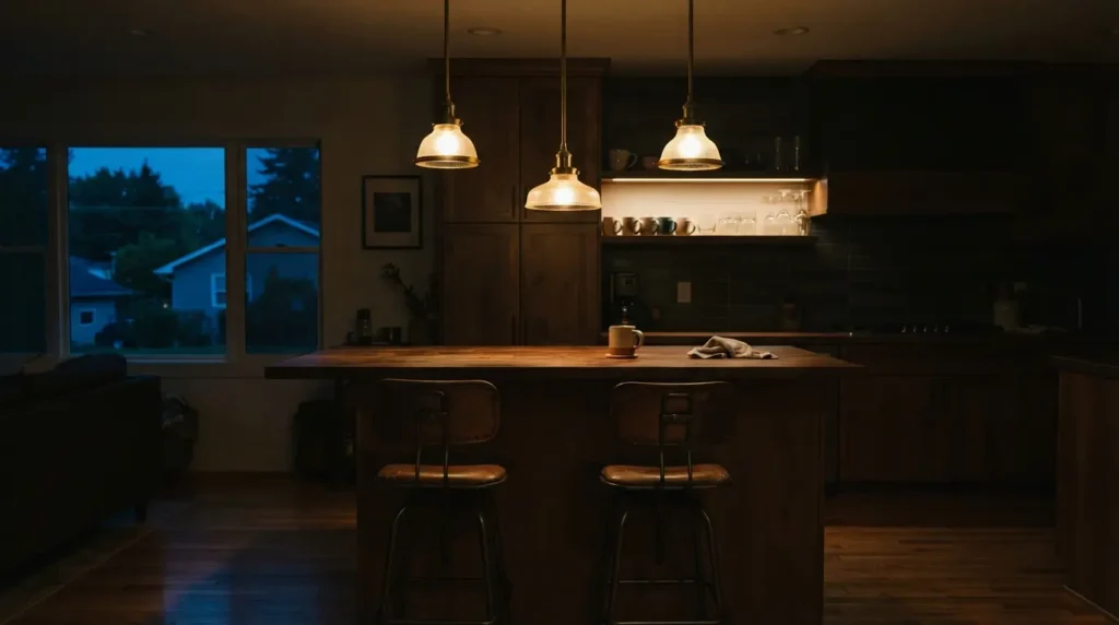 Pendant lights hanging over a raised split-level breakfast bar