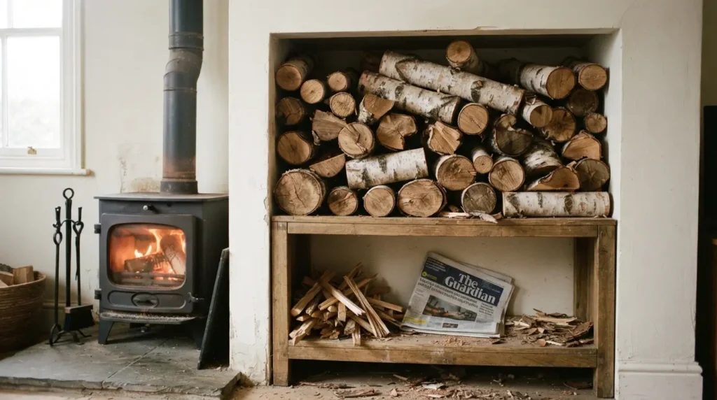 Log burner feature wall with reclaimed brick slips and floating shelves