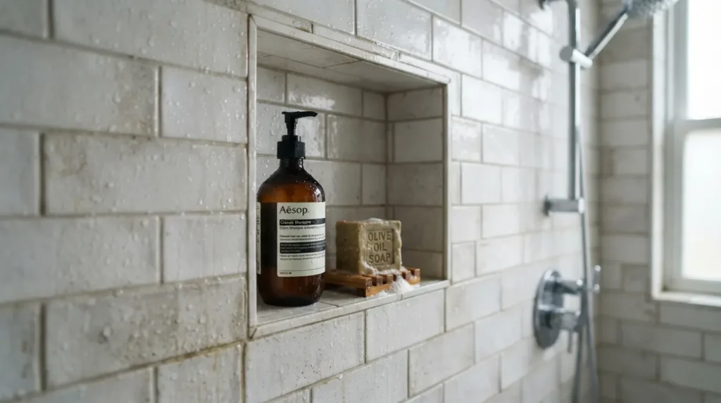 Built-in storage niche integrated into bathroom shower wall panelling