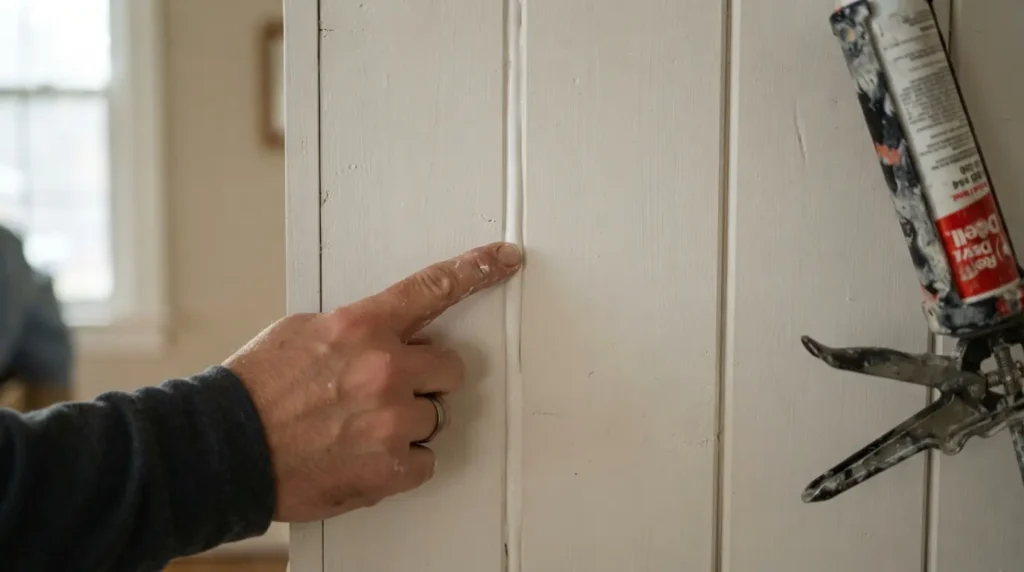 Caulking the edges and joins of bedroom wall panelling before painting
