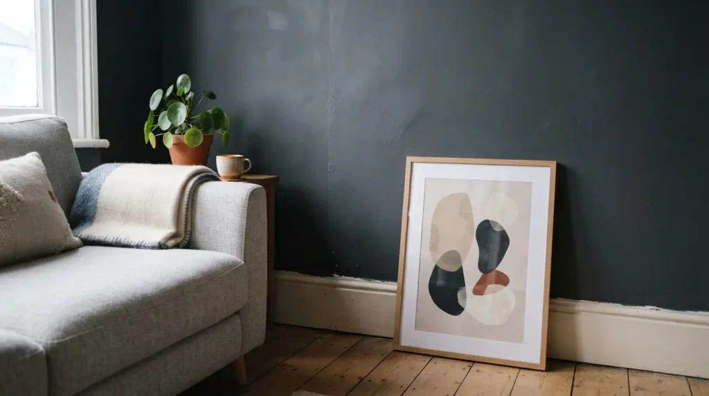 Charcoal grey feature wall behind a modern grey living room sofa