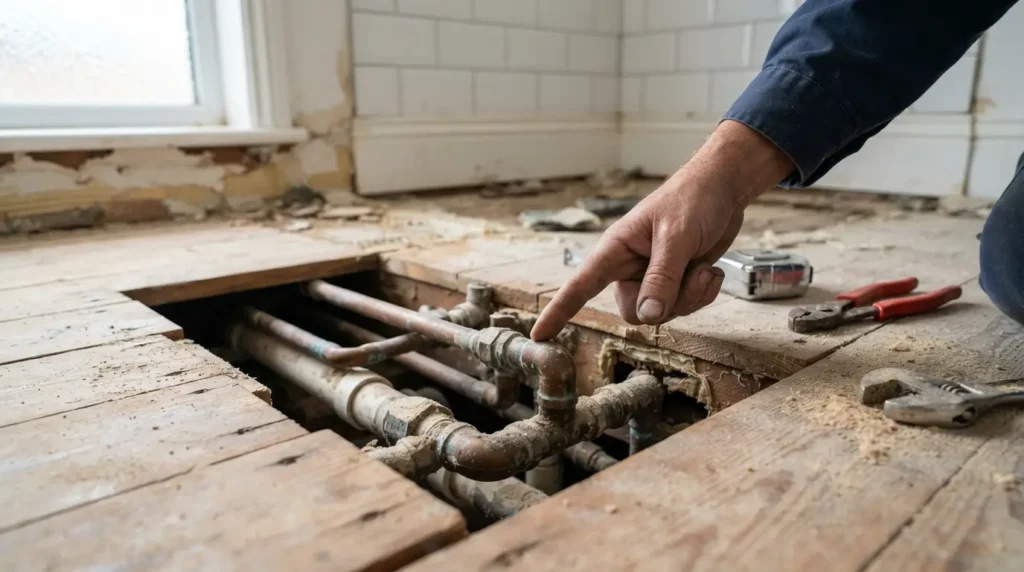 Checking bathroom floor construction and pipework before planning fixture positions