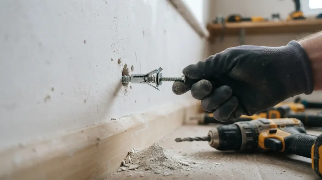 Spirit level checking curtain pole bracket alignment on a wall
