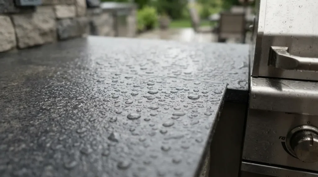 Porcelain outdoor kitchen worktop with visible frost-resistant texture