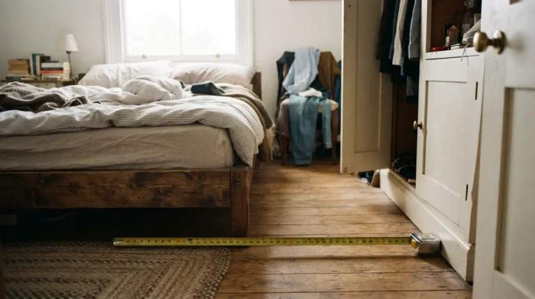 Measuring clearance space around a bed frame in a bedroom