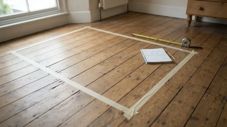 Bed footprint marked out with tape on a bedroom floor before buying
