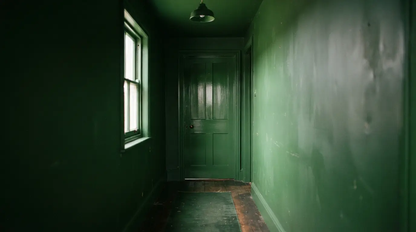Colour-drenched hallway with matching walls, doors, and trim in deep green