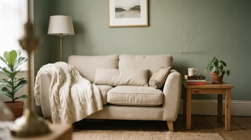 Colour psychology in interior design shown through a warm-lit living room with layered natural materials