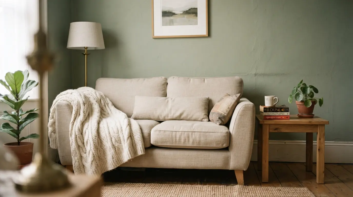 Colour psychology in interior design shown through a warm-lit living room with layered natural materials
