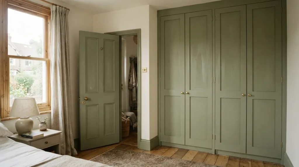 Wardrobe doors and bedroom door painted the same coordinating colour