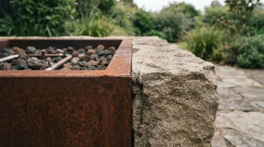 Stone-surrounded fire pit with corten steel edging in a garden