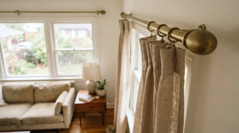 Brushed brass curtain pole with linen curtains in a naturally lit living room