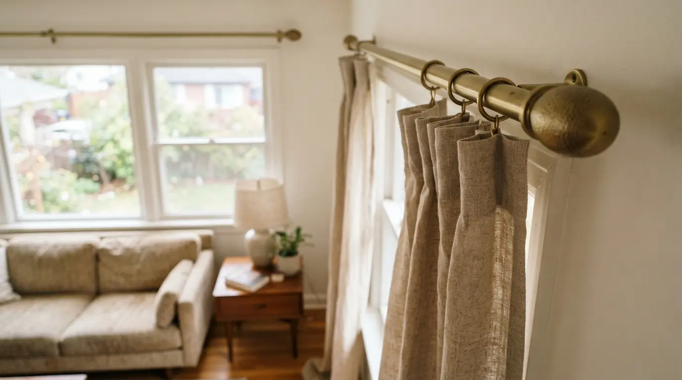 Brushed brass curtain pole with linen curtains in a naturally lit living room