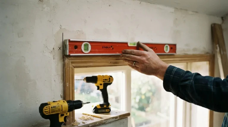 Curtain pole bracket being marked and levelled above a window before drilling
