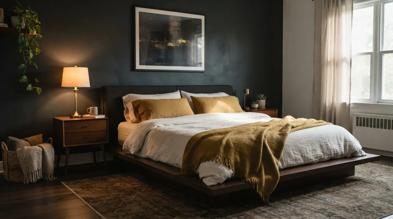 1. Ink navy bedroom wall with warm brass bedside lamps and pale linen bedding creating a cosy contrast