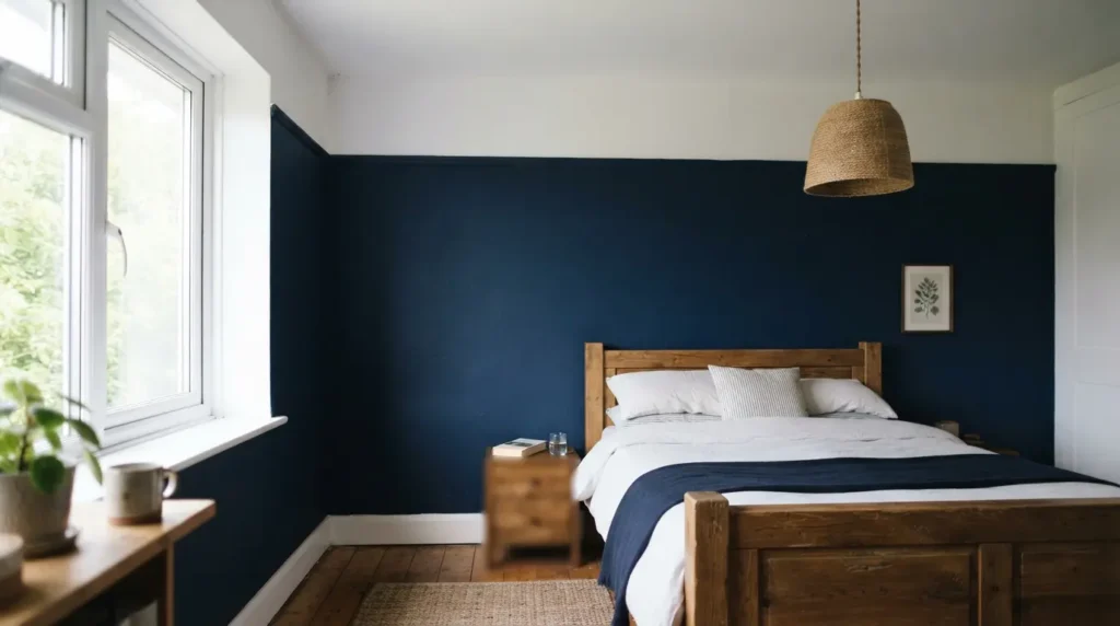 Deep navy room with light ceiling creating a sense of height