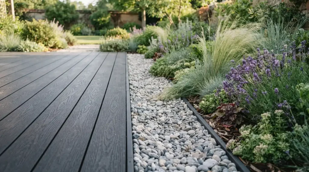 Decking Edged with Gravel and Planting Beds