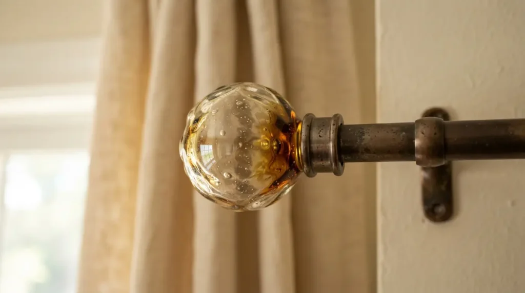 Decorative glass finial detail on a curtain pole end