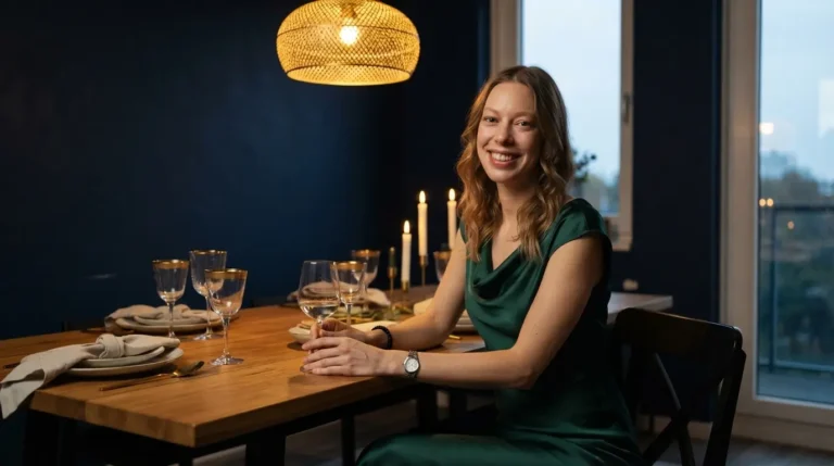 Deep blue dining room wall with warm evening lighting and a wood table