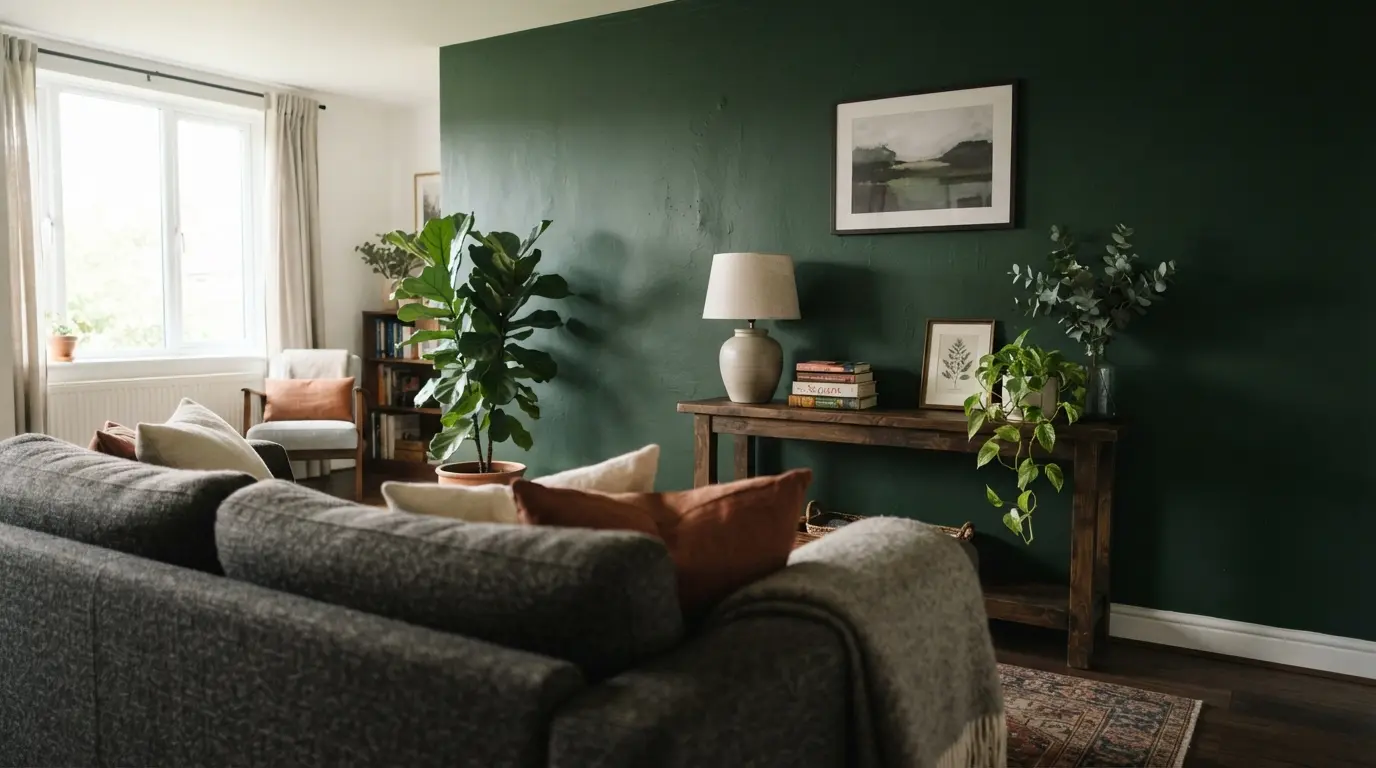 Deep green feature wall behind a sofa in a bright living room