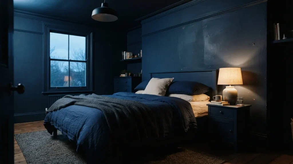 Deep navy bedroom walls and ceiling creating a calming evening sanctuary