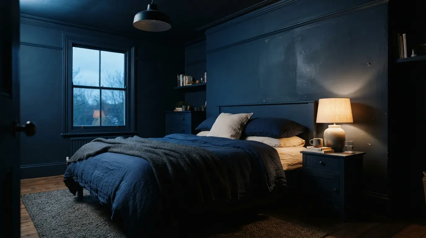 Deep navy bedroom walls and ceiling creating a calming evening sanctuary