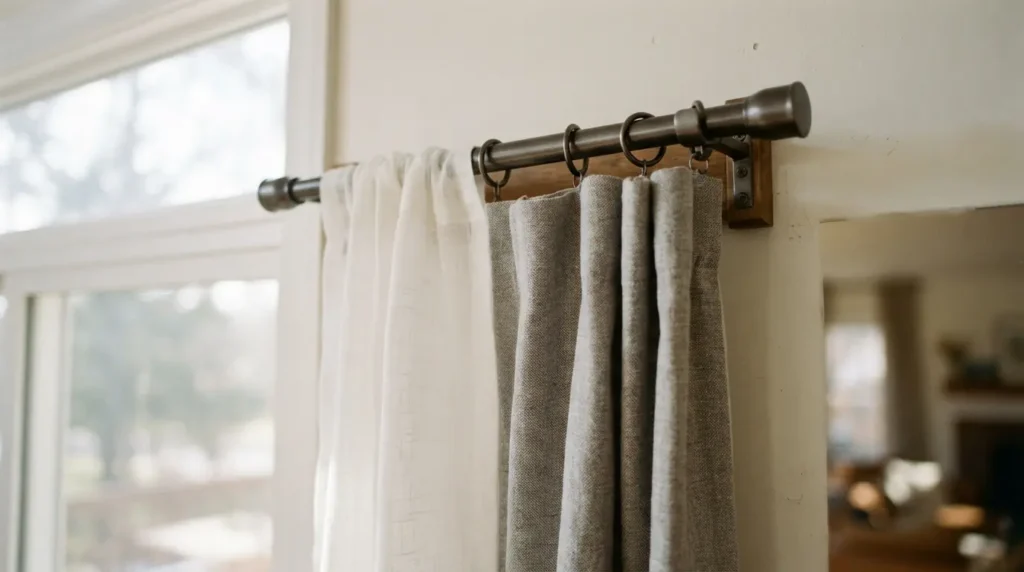 Double curtain pole layered with sheer and blackout curtains