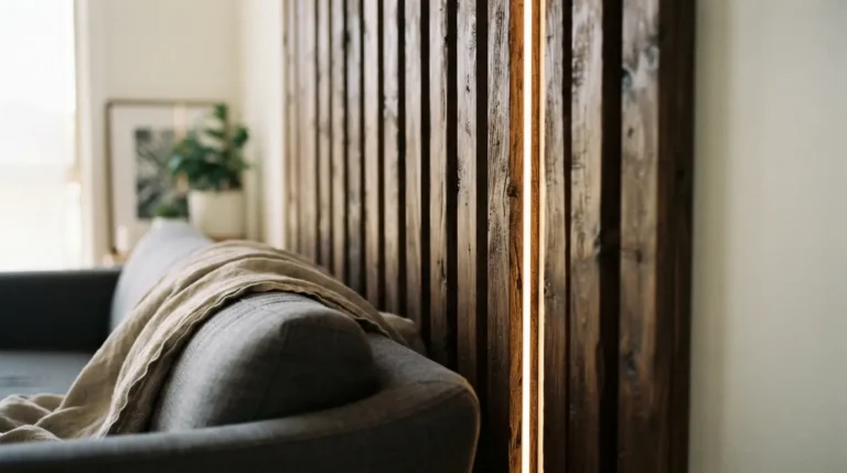 1. Feature wall ideas for a living room with slatted wood panelling and warm lighting