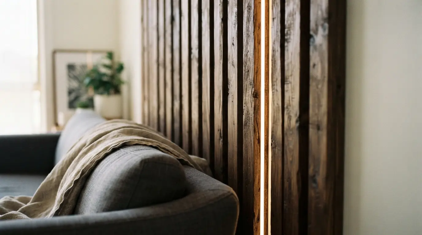 1. Feature wall ideas for a living room with slatted wood panelling and warm lighting