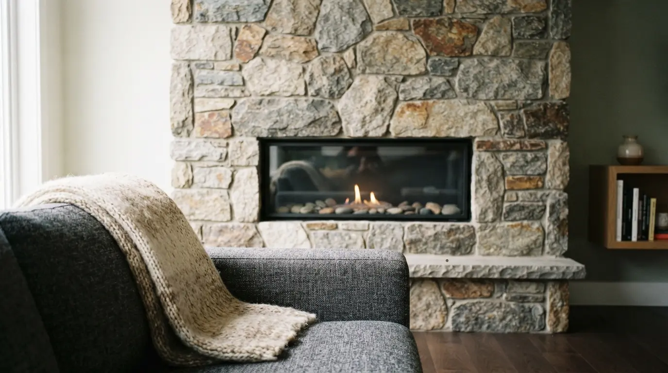 1. Fireplace ideas for a living room with floor to ceiling stone cladding