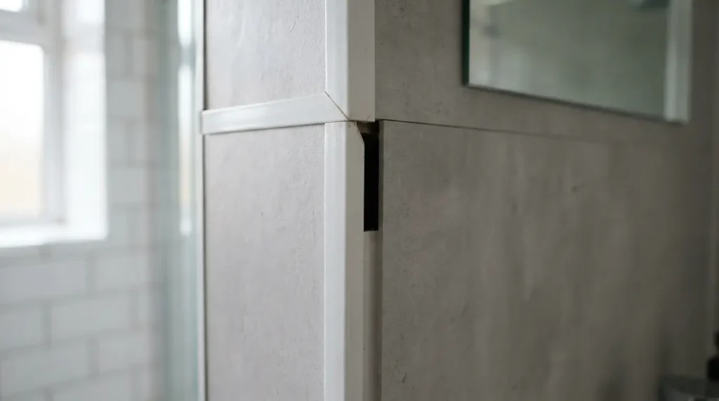 Silicone sealant applied where bathroom panelling meets a shower tray