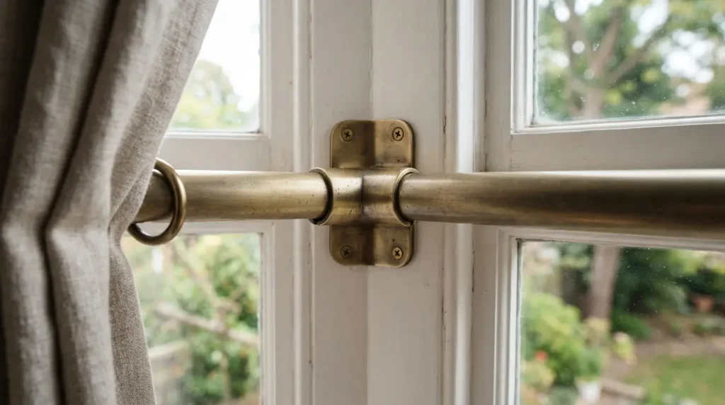 Curtain pole pass-over bracket fitted at the corner of a bay window