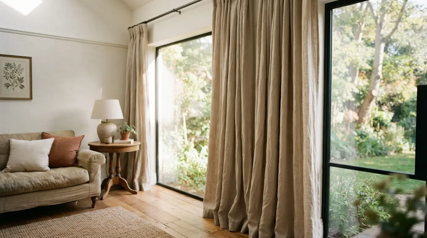 Floor-to-ceiling curtains fully open beside a large picture window