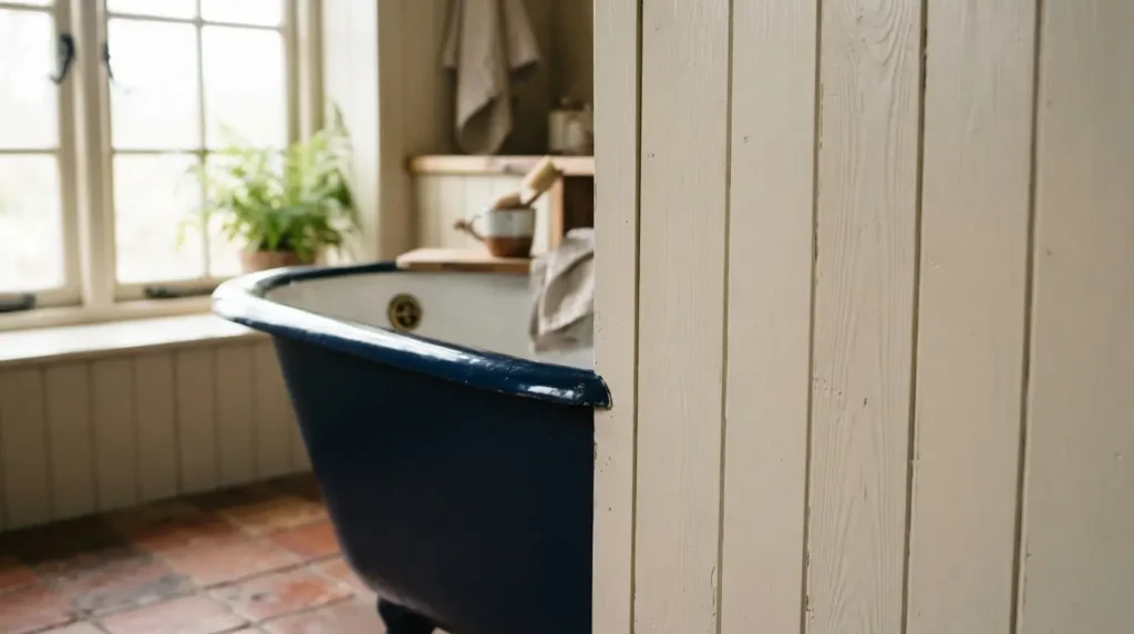Tongue and groove panelling framing a freestanding bath