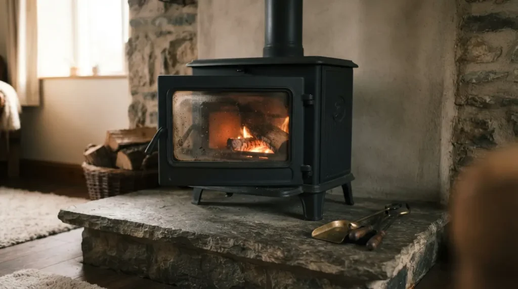 Wood burning stove on a raised stone hearth in a cosy living room